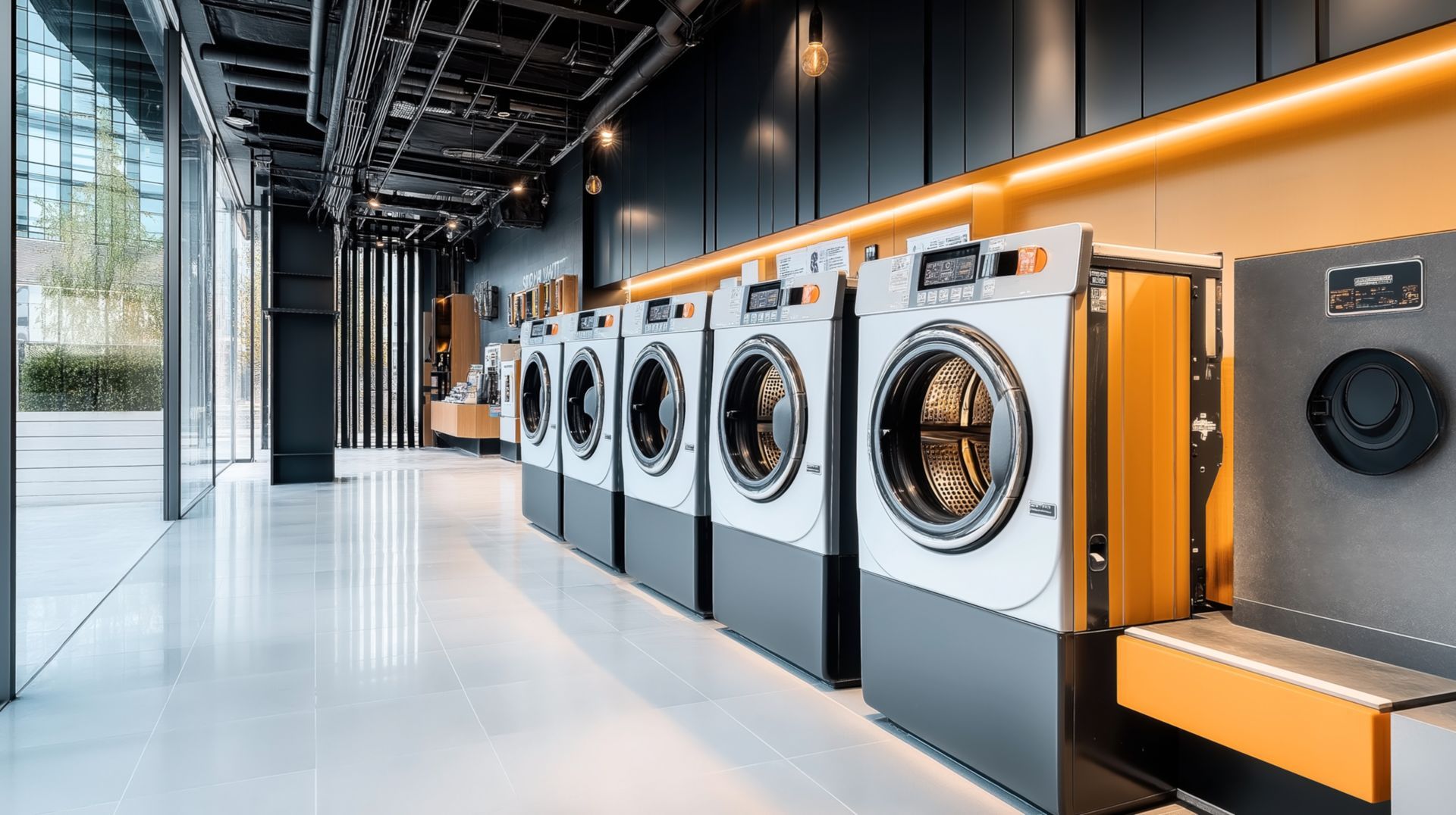 Row of washing machines in a bright, modern laundromat with a glass wall.
