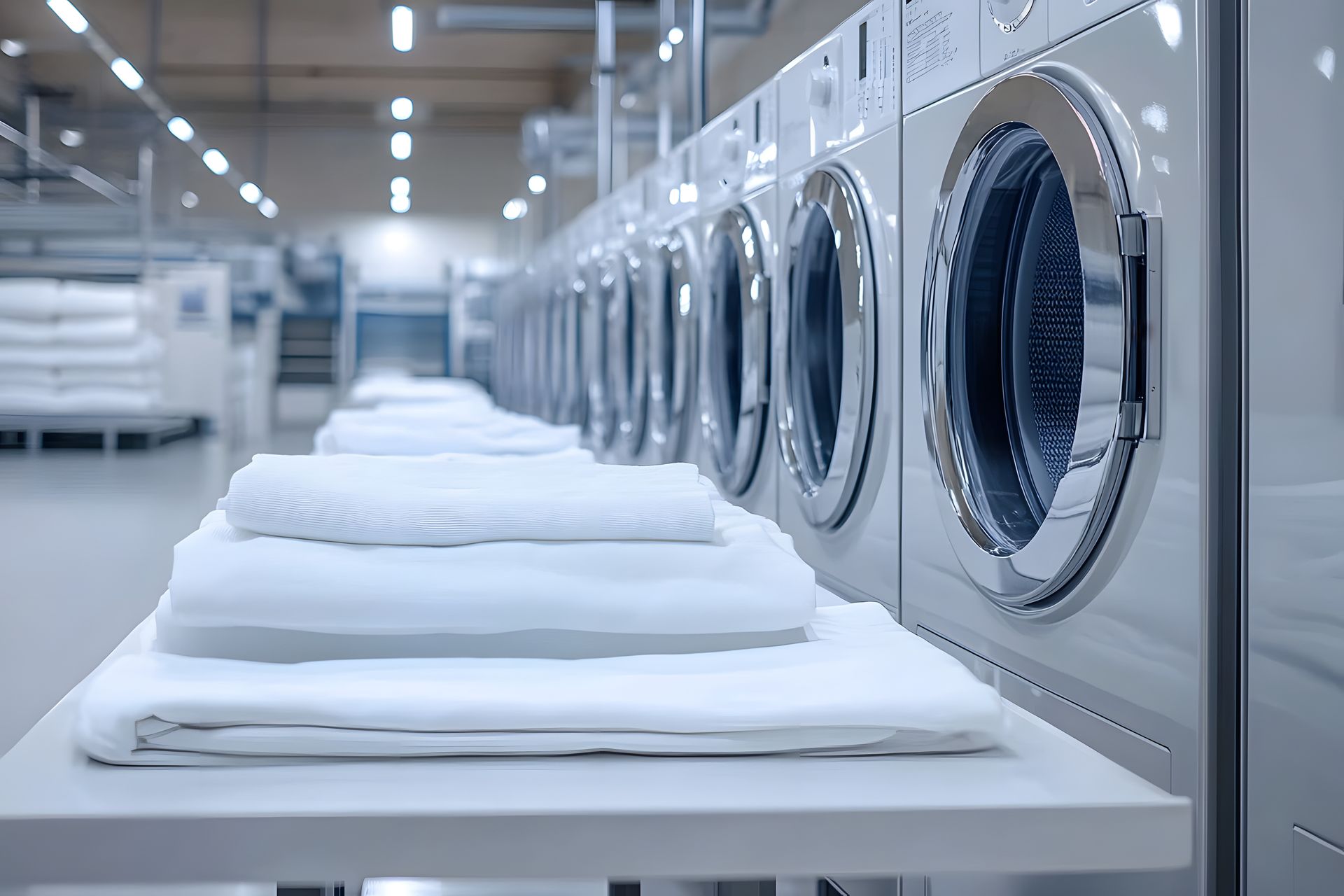 White linens stacked on a shelf in front of a row of industrial washing machines.