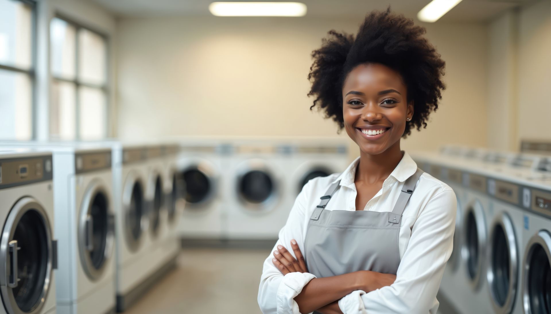 Smiling Black woman with arms crossed in laundry room, standing near washing machines.