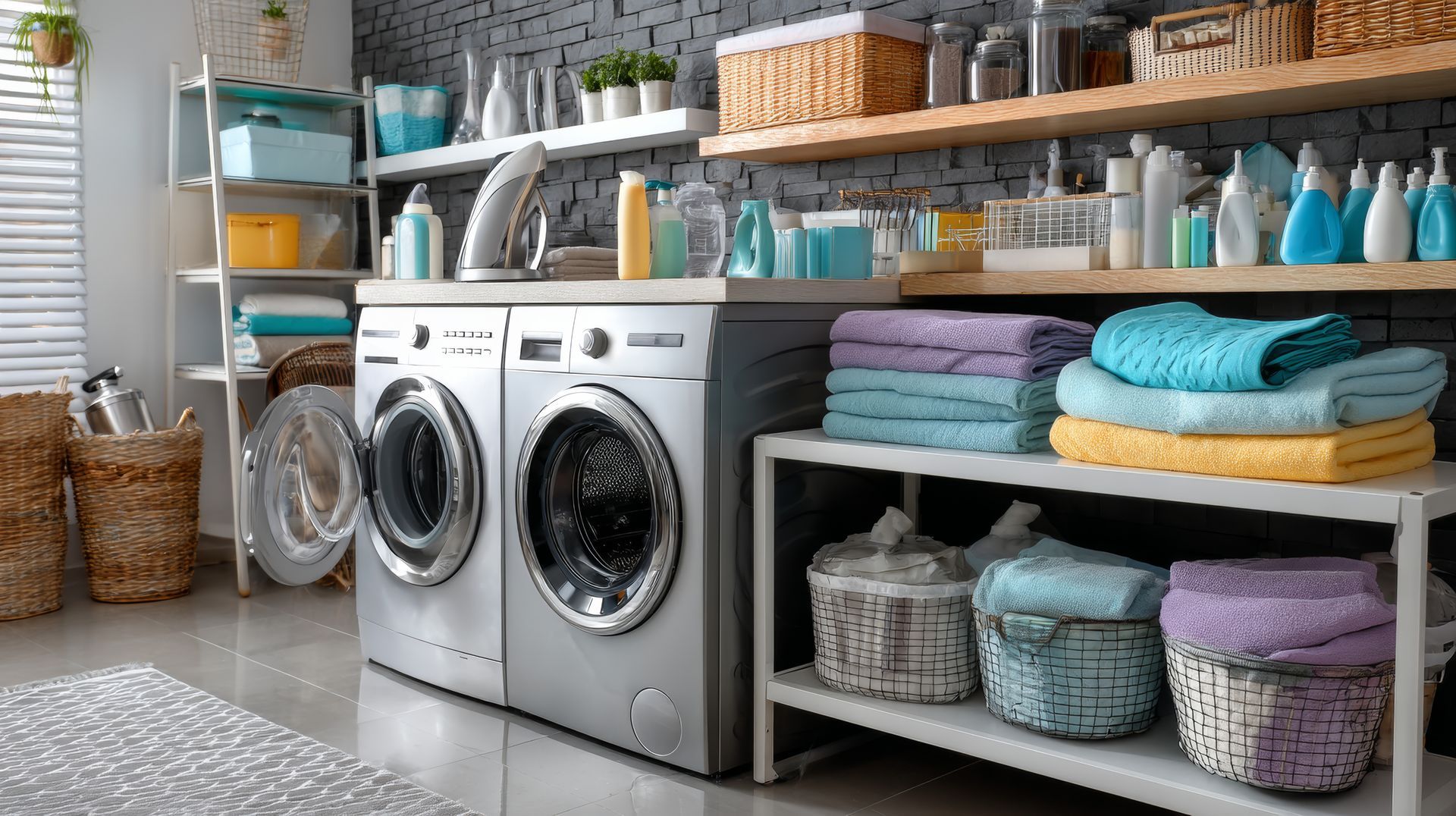 Laundry room with washer, dryer, shelves, towels, and baskets.
