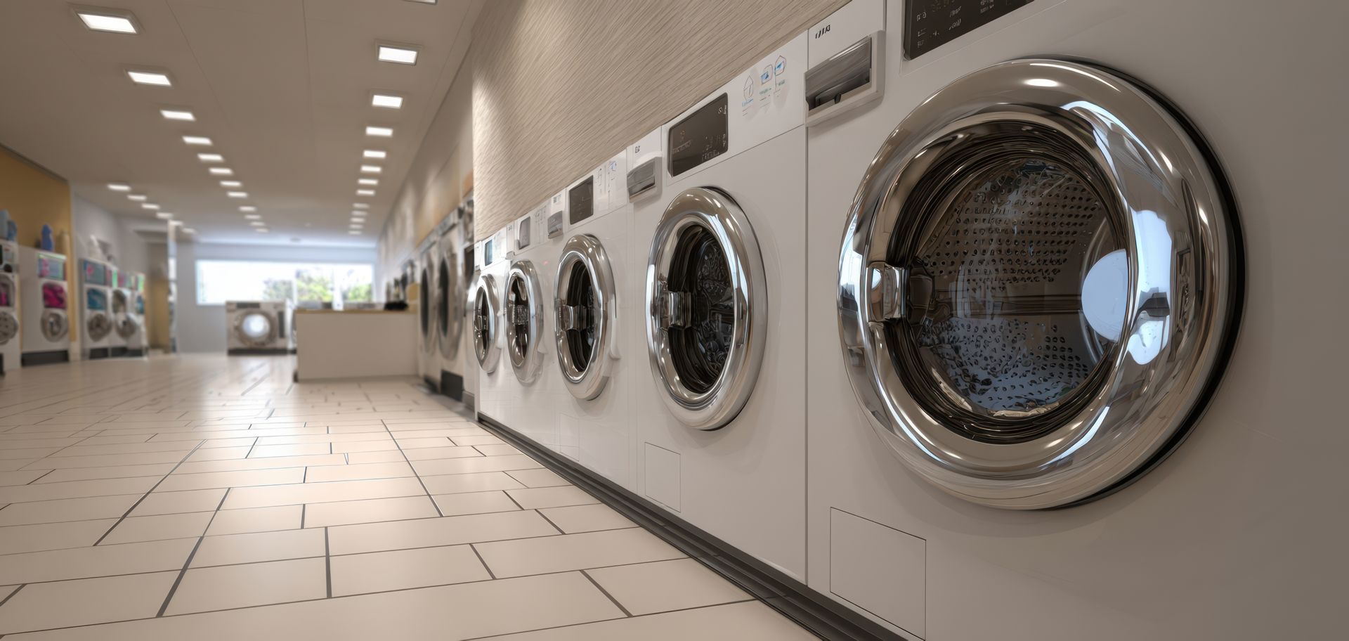 Row of washing machines in a laundromat. Bright, tiled floor, ceiling lights.
