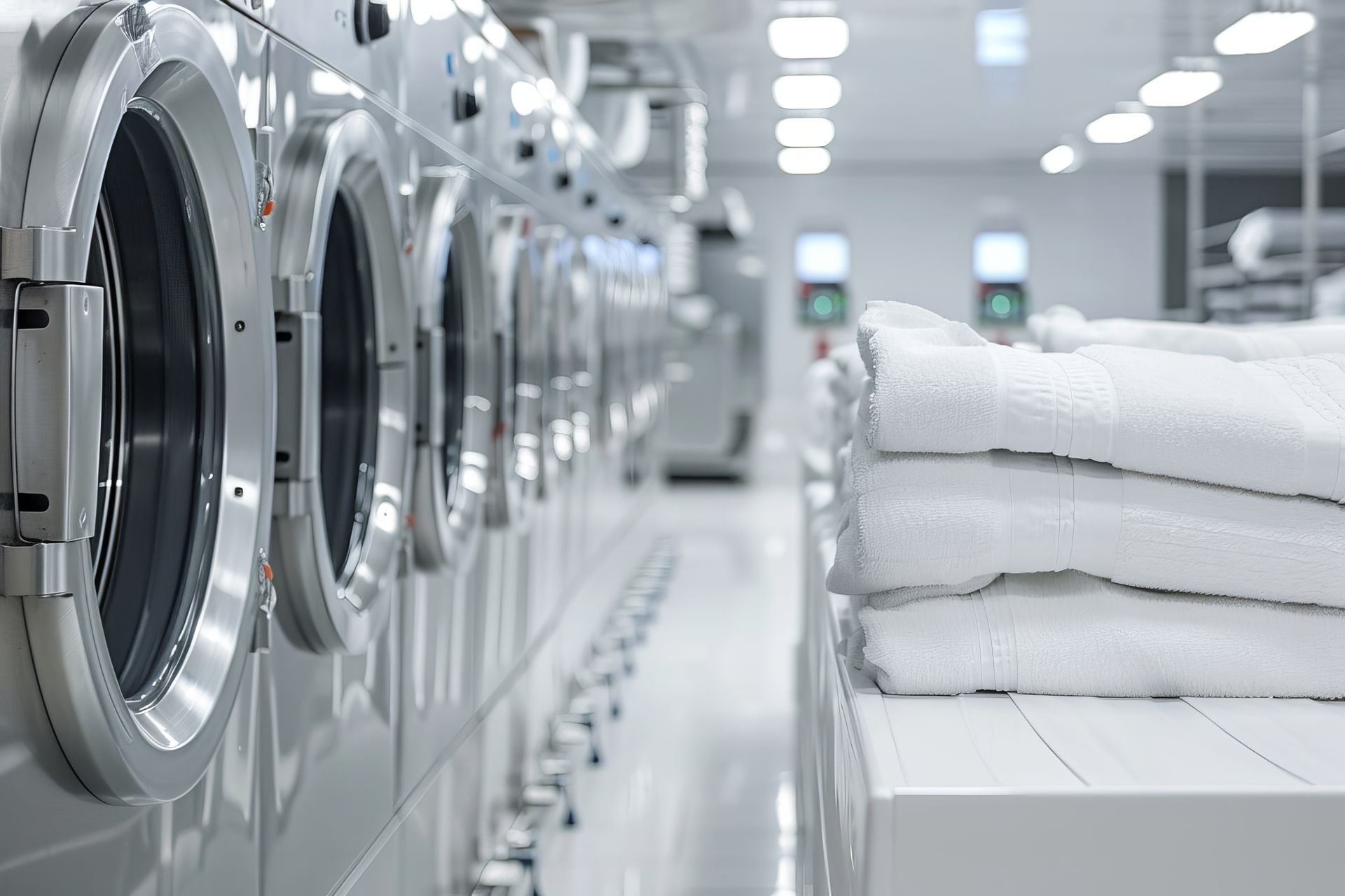 Row of industrial washing machines in a bright laundry room; white towels stacked on a counter.