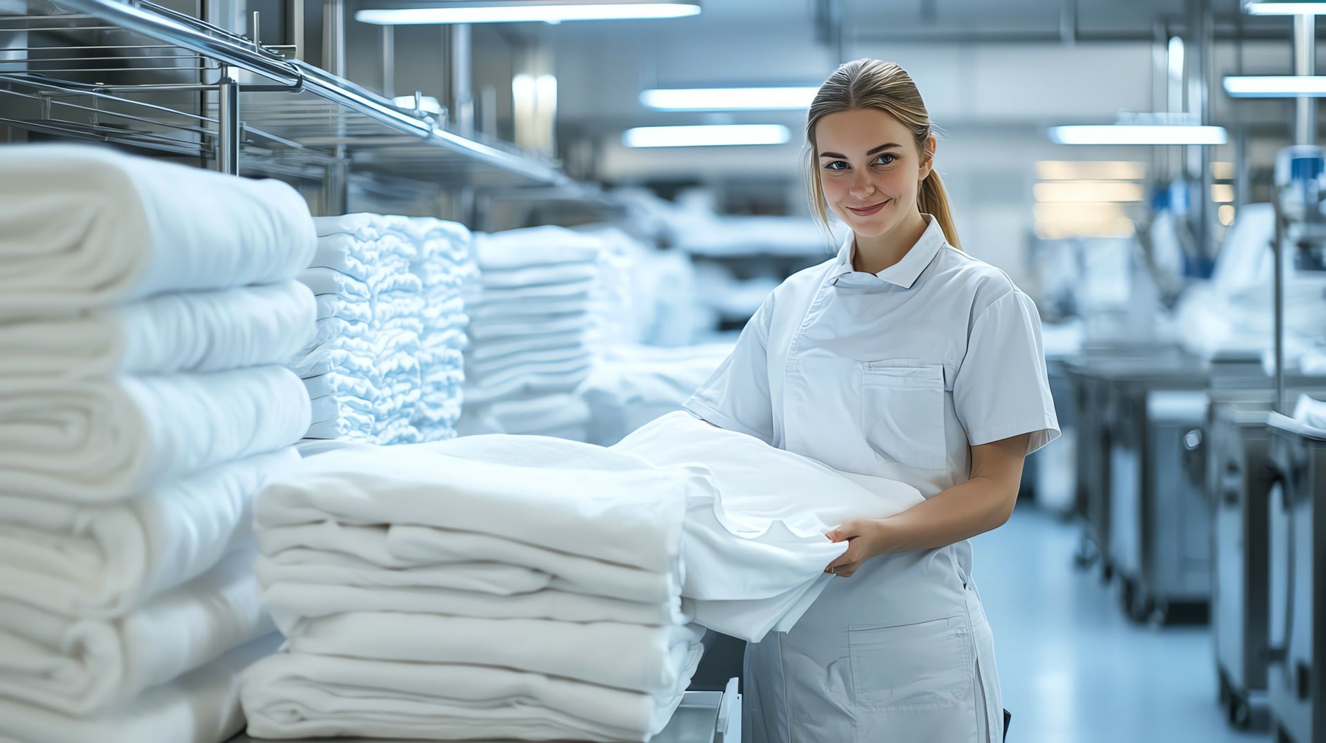 Woman in white uniform smiles while holding folded sheets 