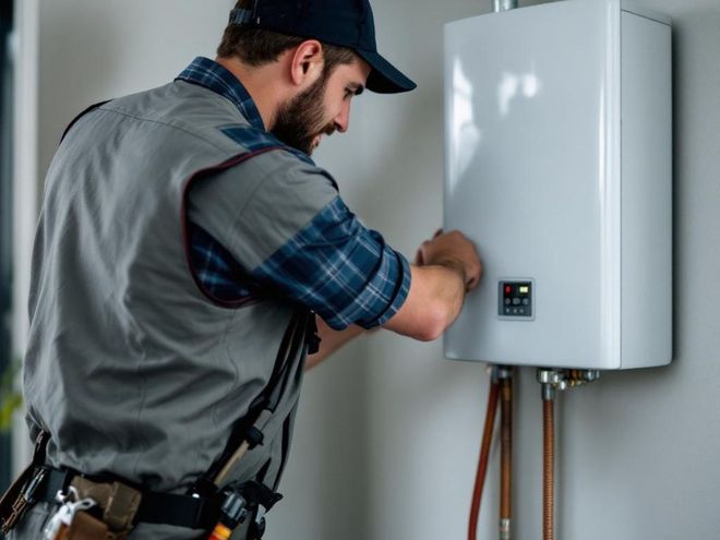 Technician inspecting a wall-mounted white boiler with tools in a utility room