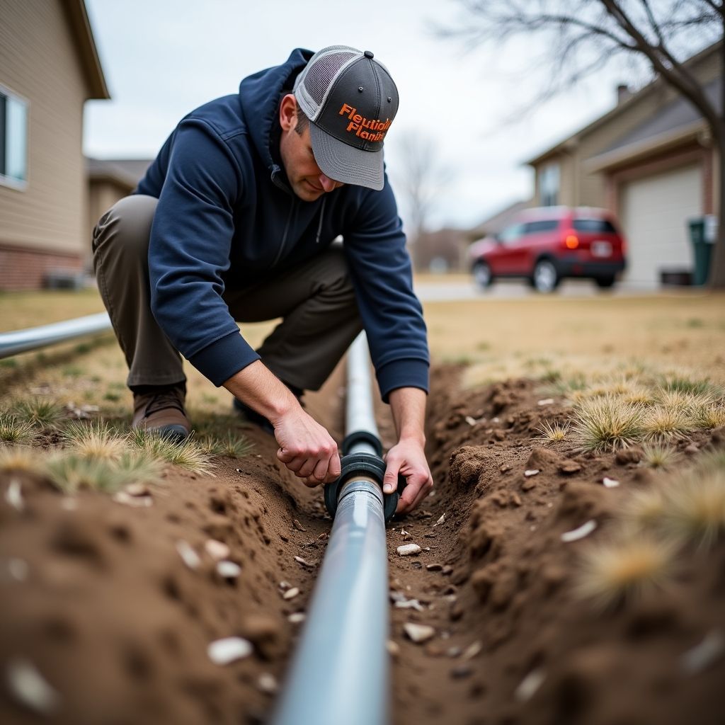 Worker installing a black pipe in a trench in a suburban yard