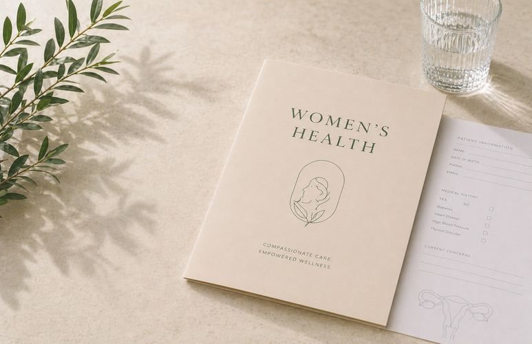 Woman’s Health booklet on a beige desk with leaves, pen, and glass of water.
