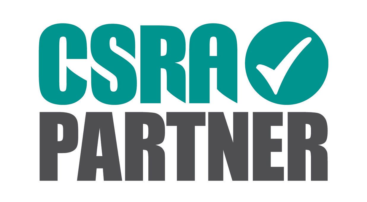 The logo for csra partner is green and black with a check mark.