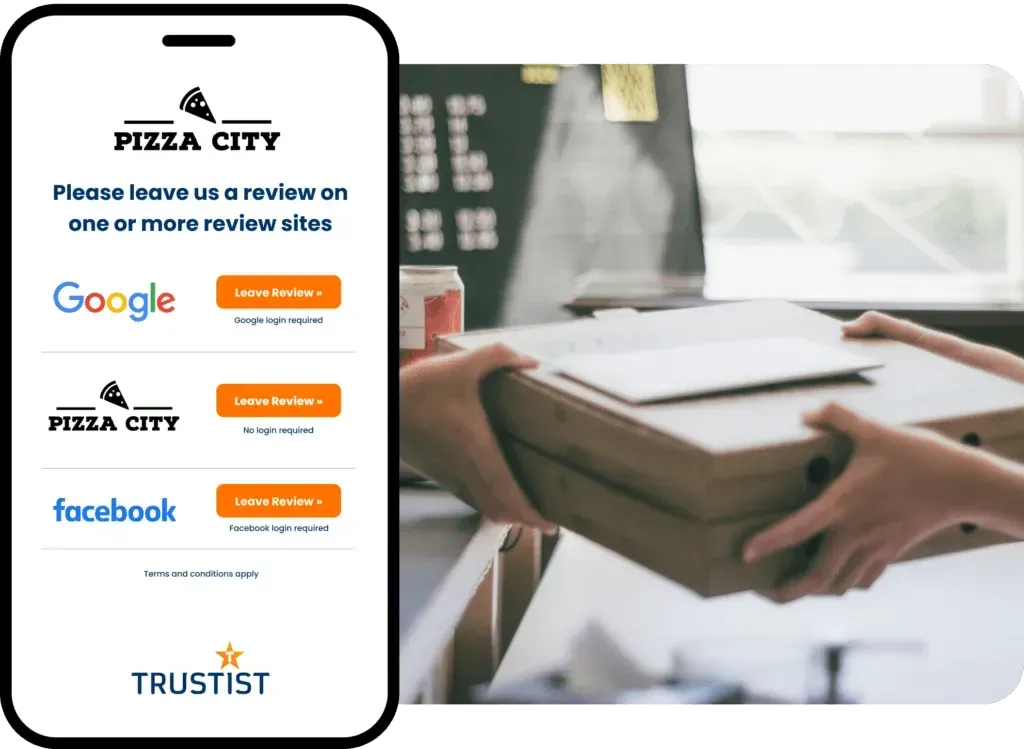 A person holding a pizza box next to a phone that says pizza city