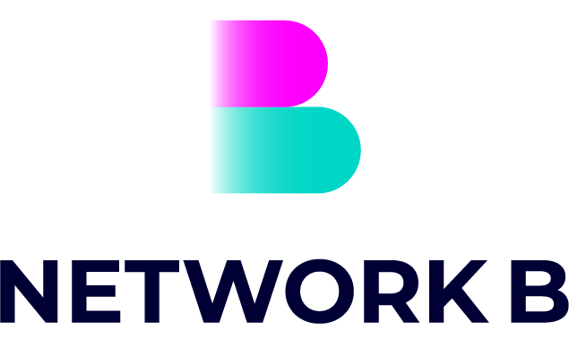 A logo for a company called network b with a pink and blue b on a white background.