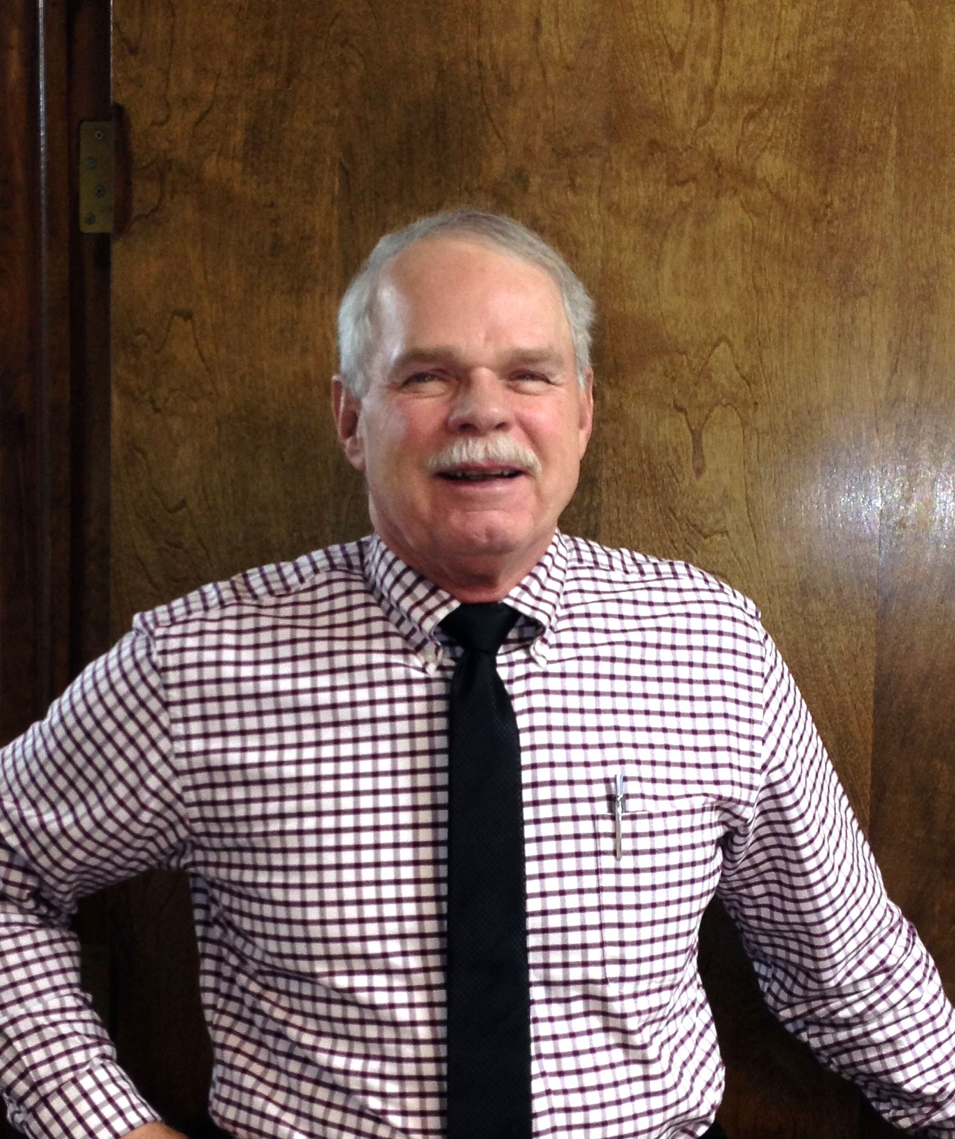 A man with a mustache is wearing a plaid shirt and tie.