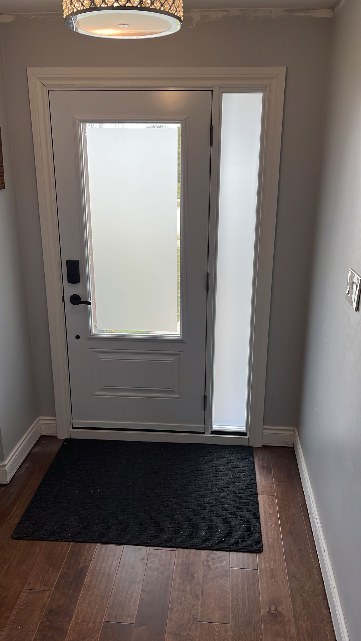A hallway with a white door and a black rug.