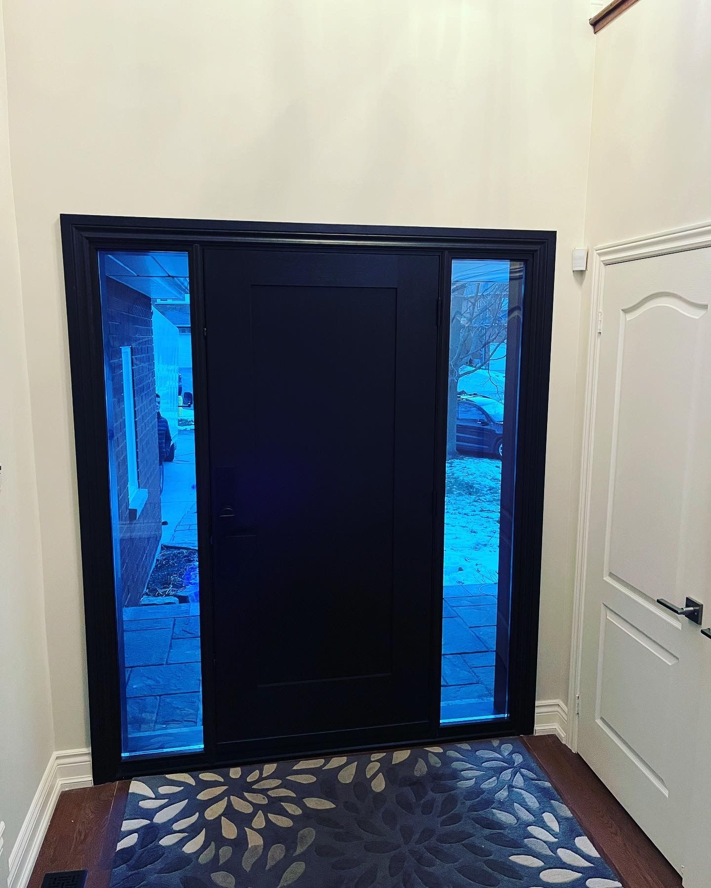 A hallway with a black door and a rug in front of it.