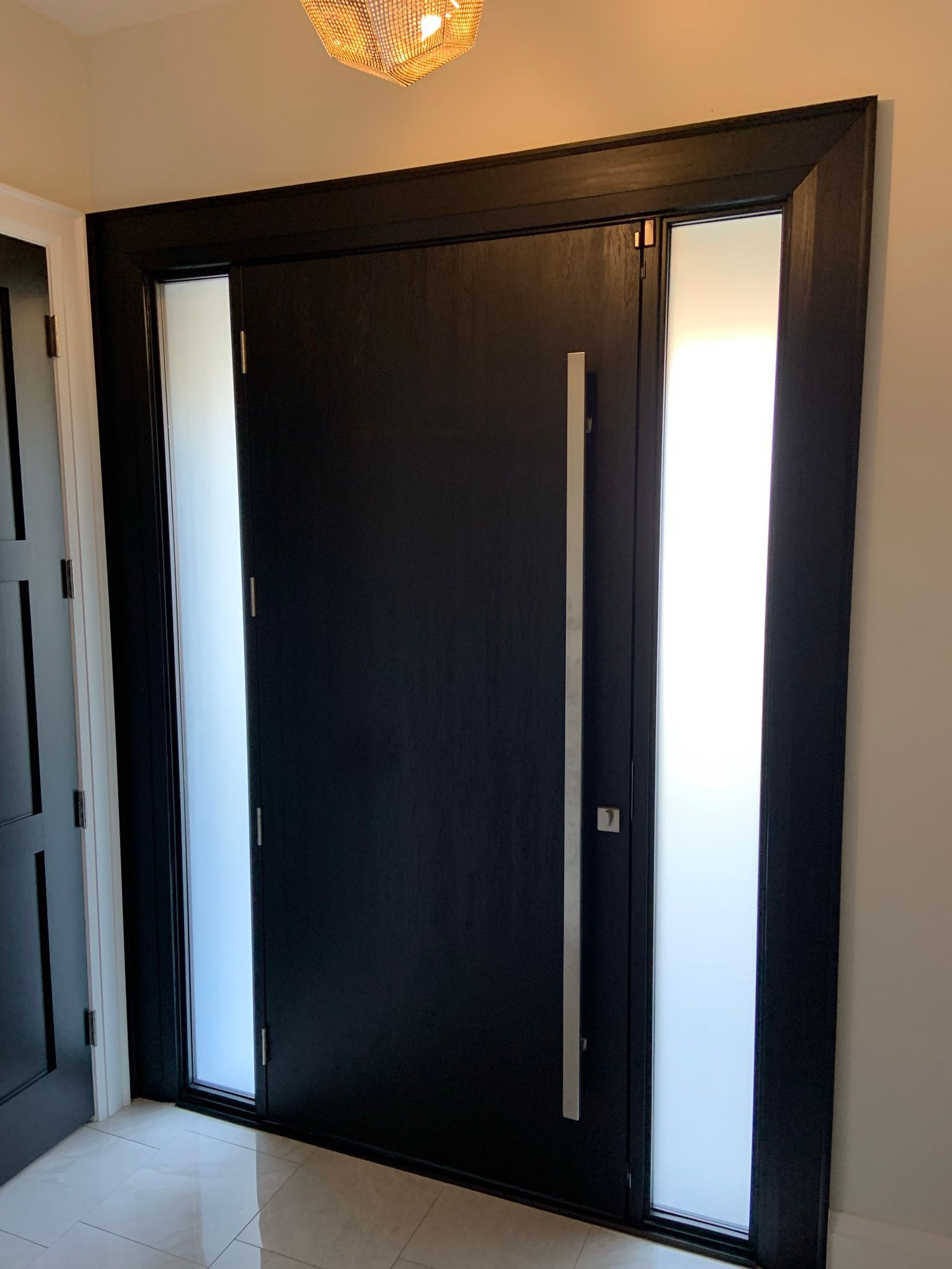 A black door with a stainless steel handle is in a hallway.