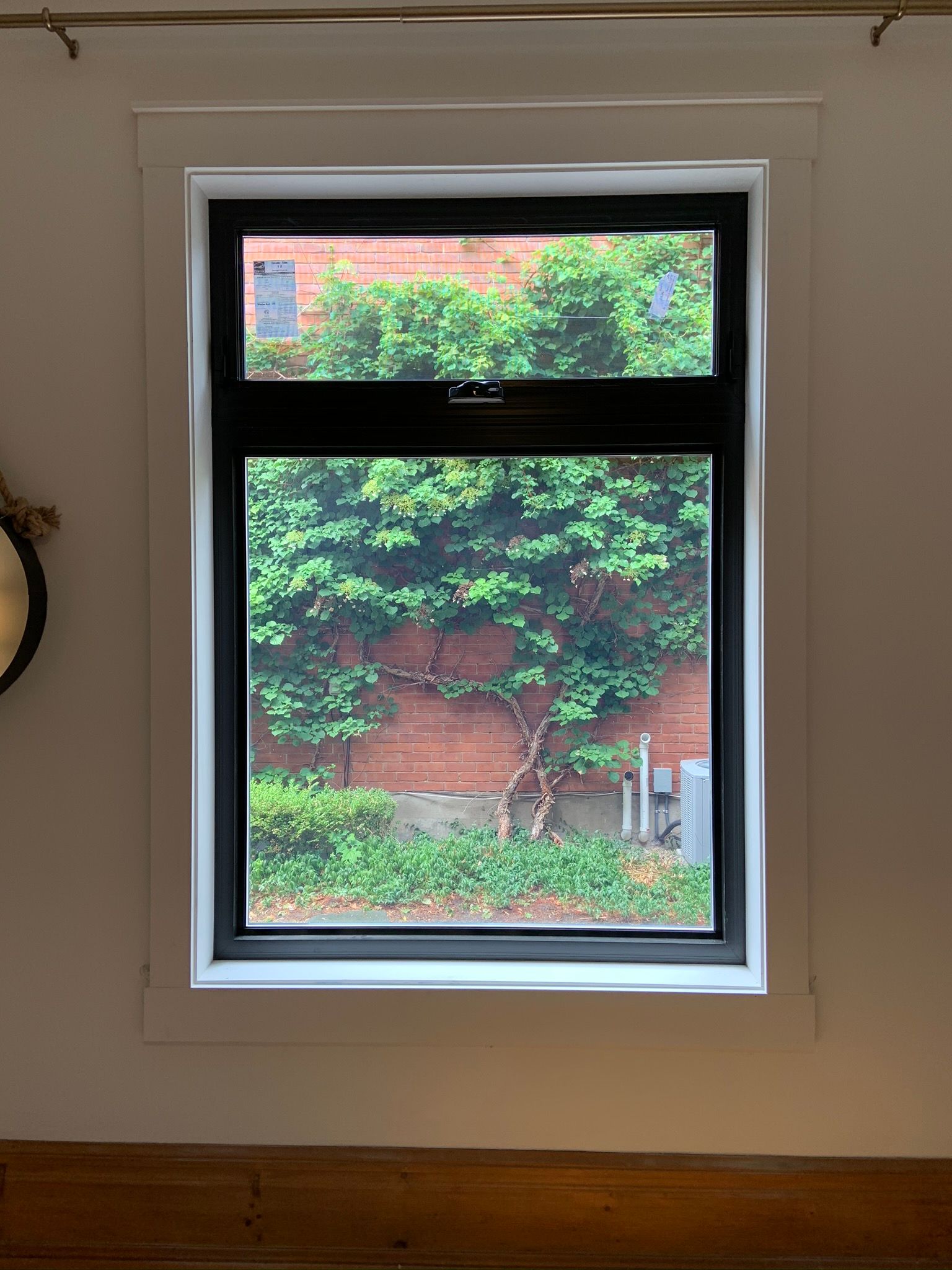 A window in a room with a view of a brick wall and a tree.