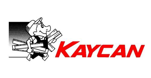 A black and white logo for kaycan shows a pig carrying a pile of wood.