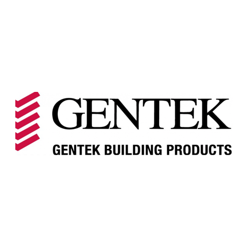 The gentek building products logo is red and black on a white background.
