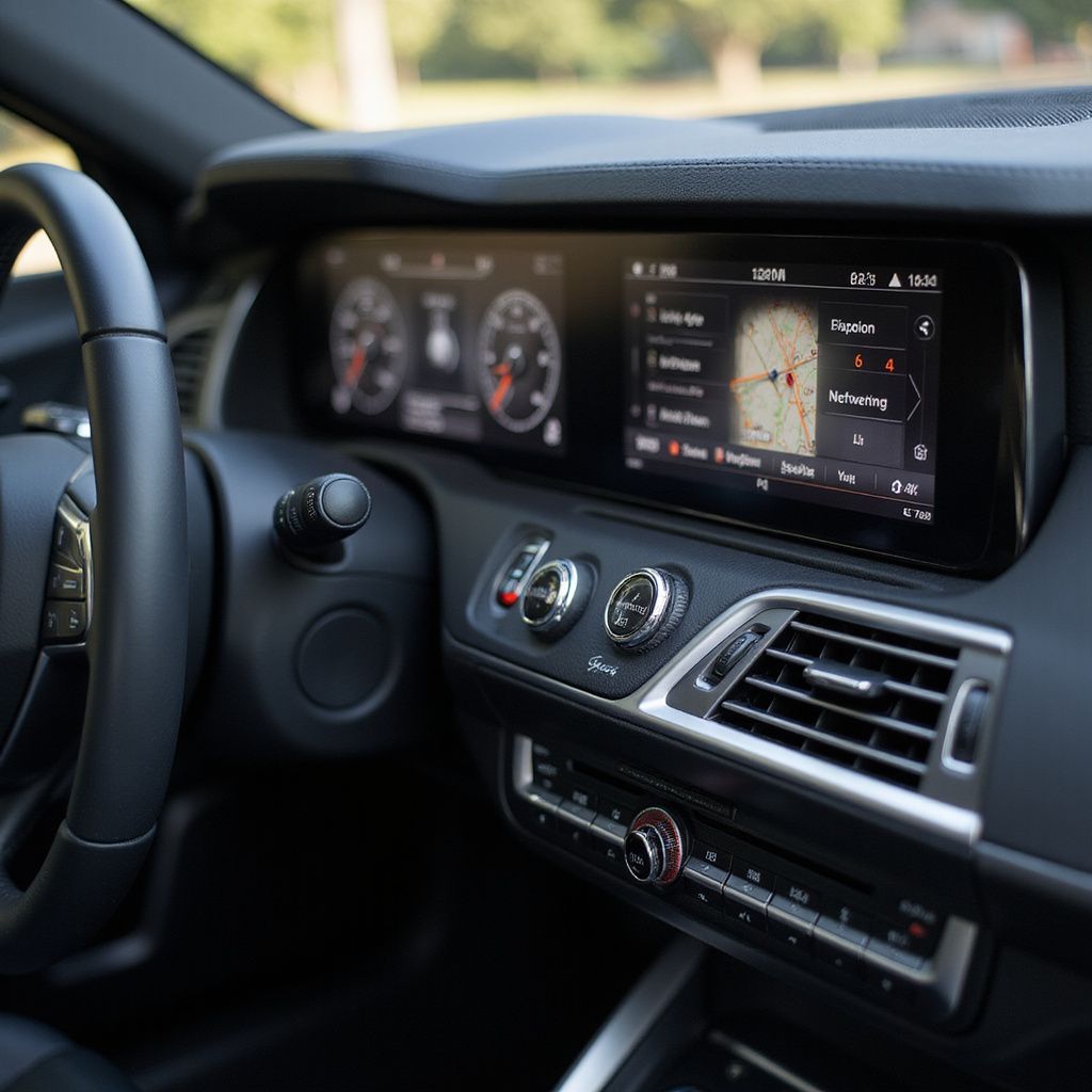 Interni neri dell'auto con cruscotto digitale che visualizza la navigazione, volante a sinistra.