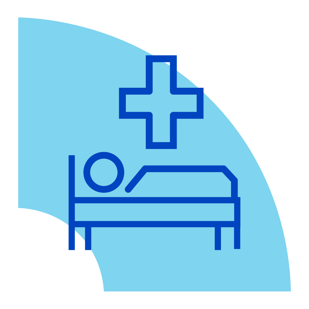 Ícone médico azul de uma cama de hospital com uma pessoa e uma cruz sobre um fundo azul claro.