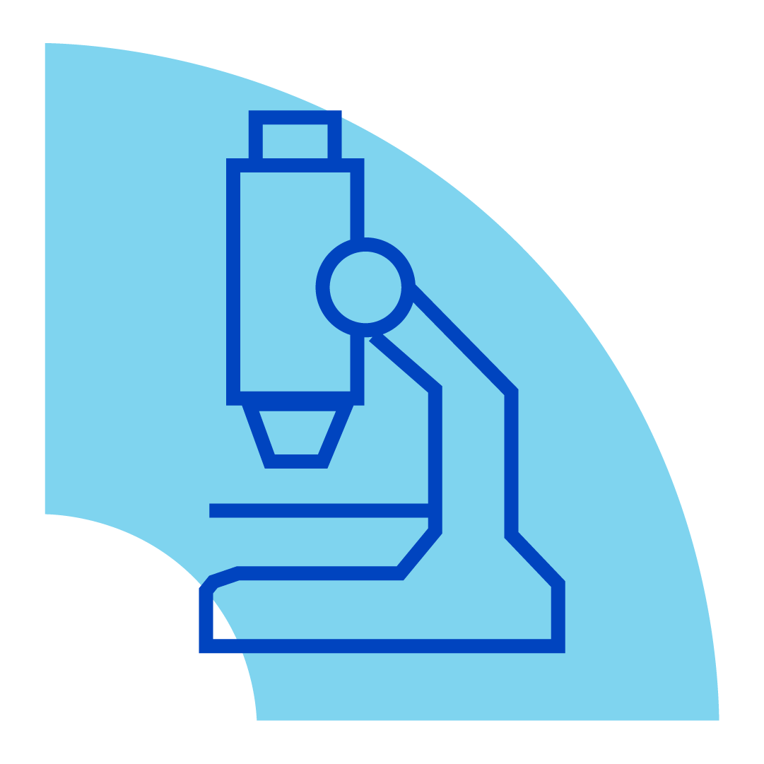 Ícone de microscópio azul sobre um fundo semicircular azul claro.