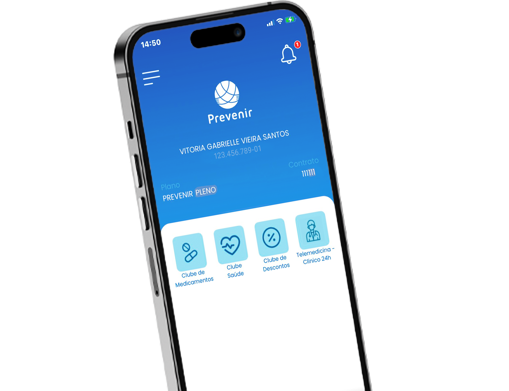 Smartphone inclinado exibindo a tela inicial azul de um aplicativo de saúde com ícones de menu e blocos de serviços.