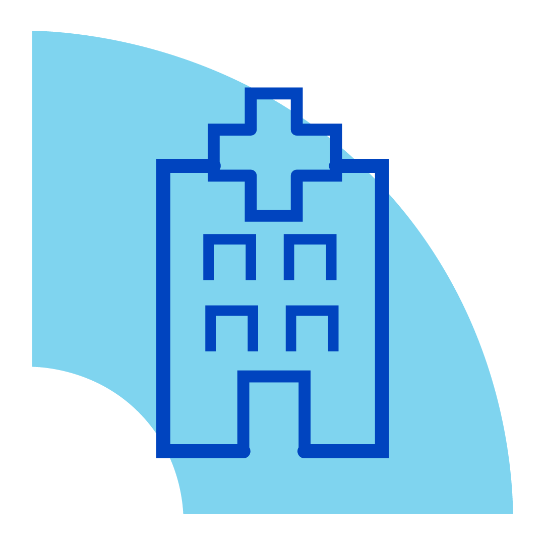 Ícone azul de um prédio hospitalar com uma cruz médica no topo, sobre um fundo curvo azul claro.