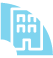 Logotipo circular azul e branco com um edifício estilizado e letras no interior.