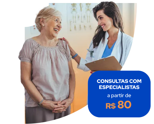 Profissional de saúde conversando com paciente; texto: “Consultas com especialistas a partir de R$ 80”.