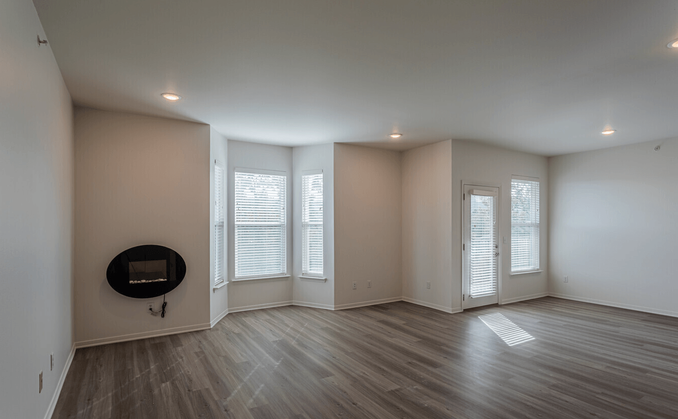 Interior of apartment with large windows