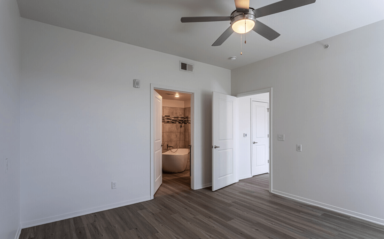 Interior of apartment with entryway into living room