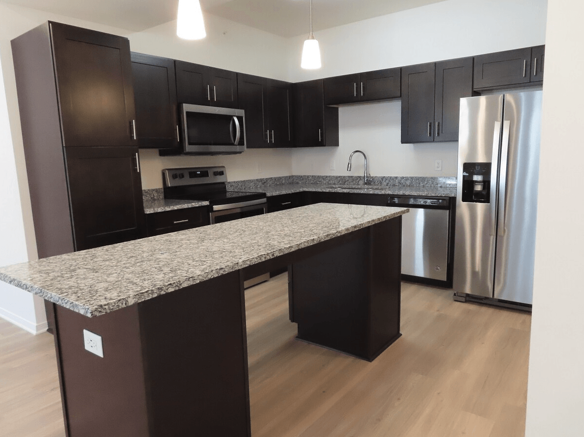 Interior of kitchen with granite countertops