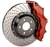 A high-performance drilled car brake rotor with a glossy red brake caliper.