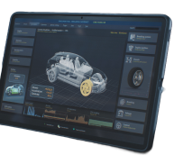 A tablet screen displays a 3D automotive diagnostic interface showing car systems, wheel components, and performance data.