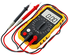 A yellow digital multimeter with black and red probes connected, displayed against a plain white background.
