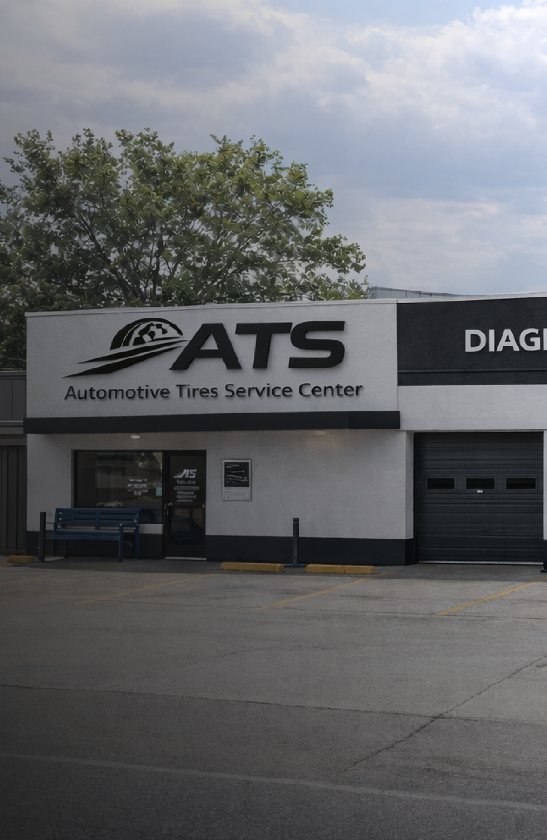 A red and a blue classic Ford Mustang parked in front of an auto repair shop with signs overhead.