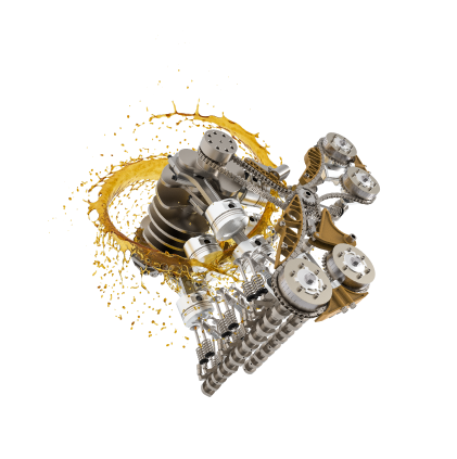Internal view of a vehicle engine with pistons and a timing chain, surrounded by a swirling splash of golden engine oil.