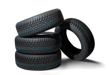 A stack of three black tires with thin blue and yellow stripes along the tread, with one tire leaning against them.