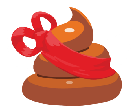 A brown poop with a red ribbon and scissors on top