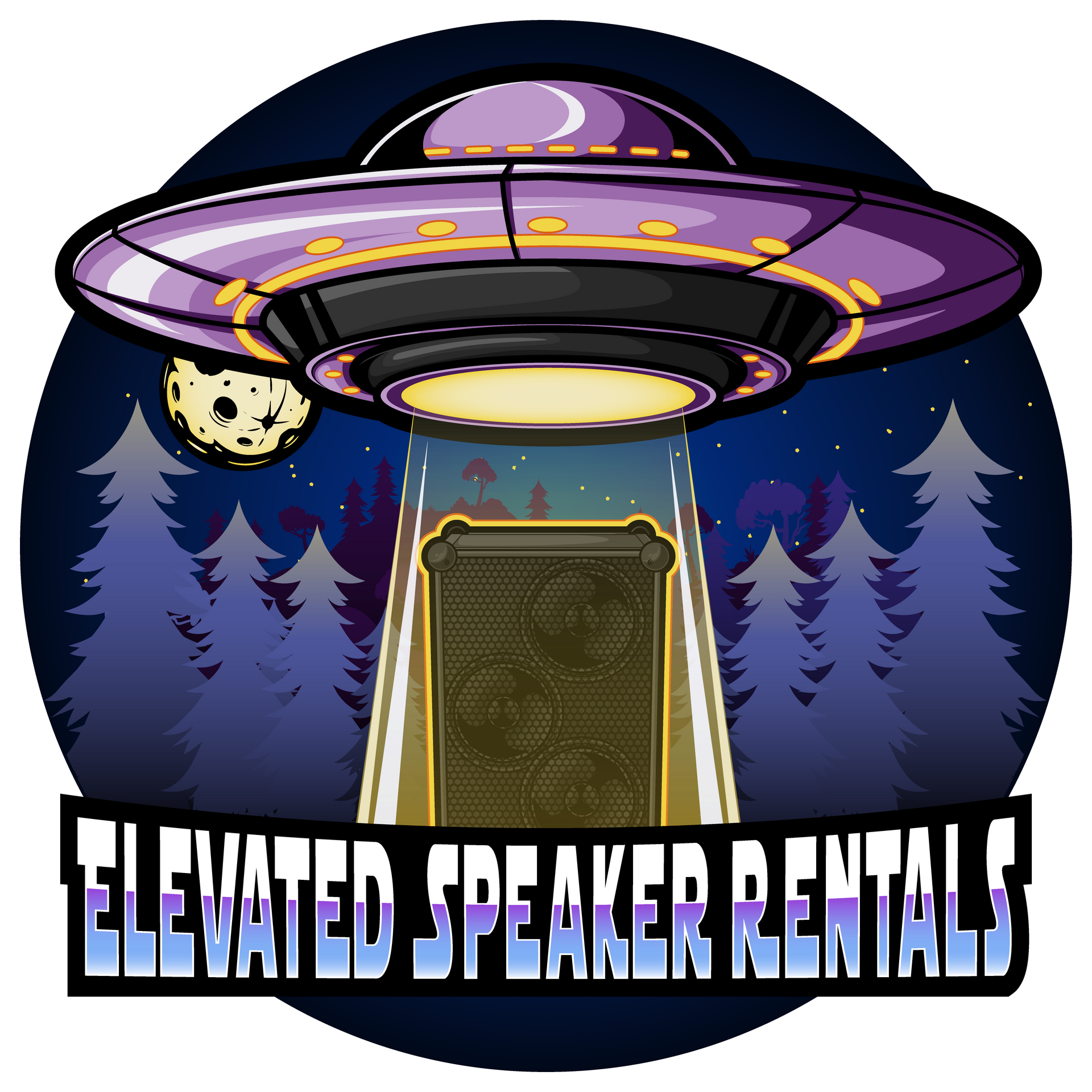 A purple UFO shining light on a speaker in a forest; logo for Elevated Speaker Rentals.