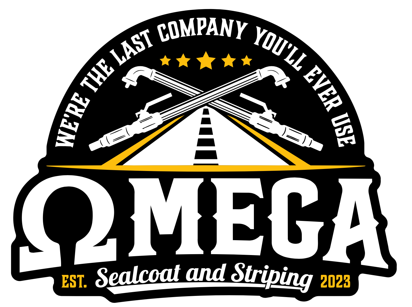 Logo for Omega Sealcoat and Striping: black and yellow with crossed sprayers, road, and 