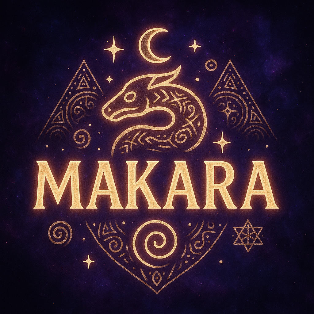 Gold Makara emblem with a mythical creature, moon, stars, and text on a dark blue background.