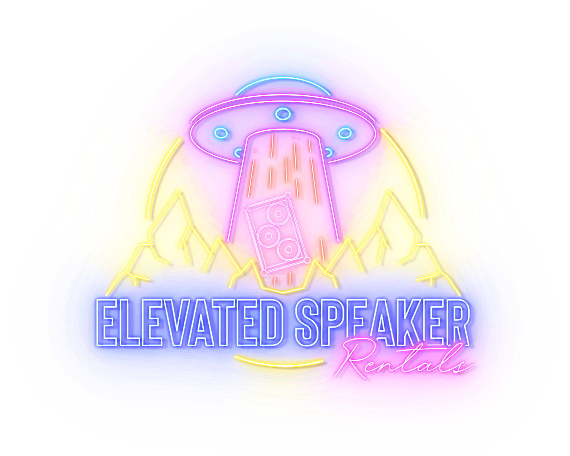 Neon-style logo: UFO beaming sound speaker from sky, mountains, text 