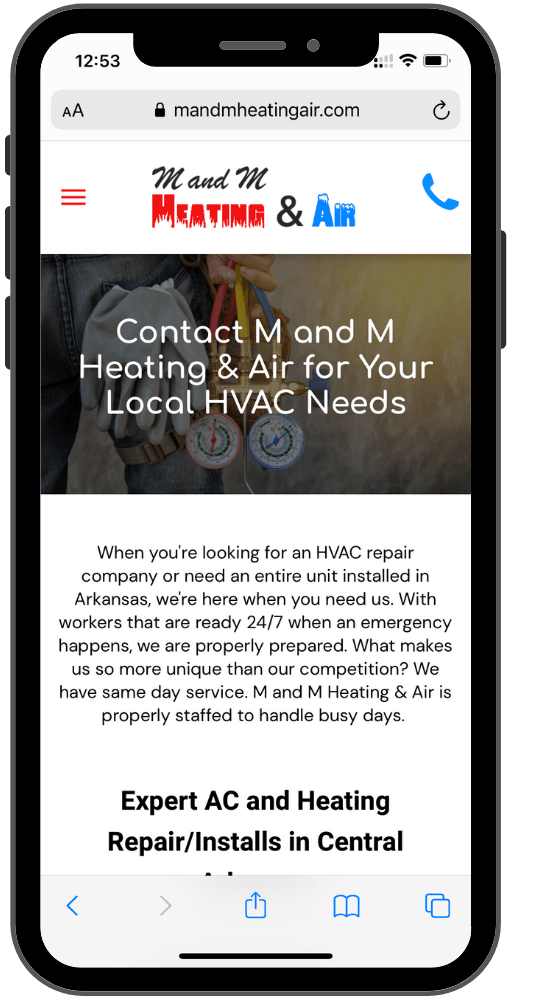 Website designed for mobile experience for local HVAC company in Arkansas