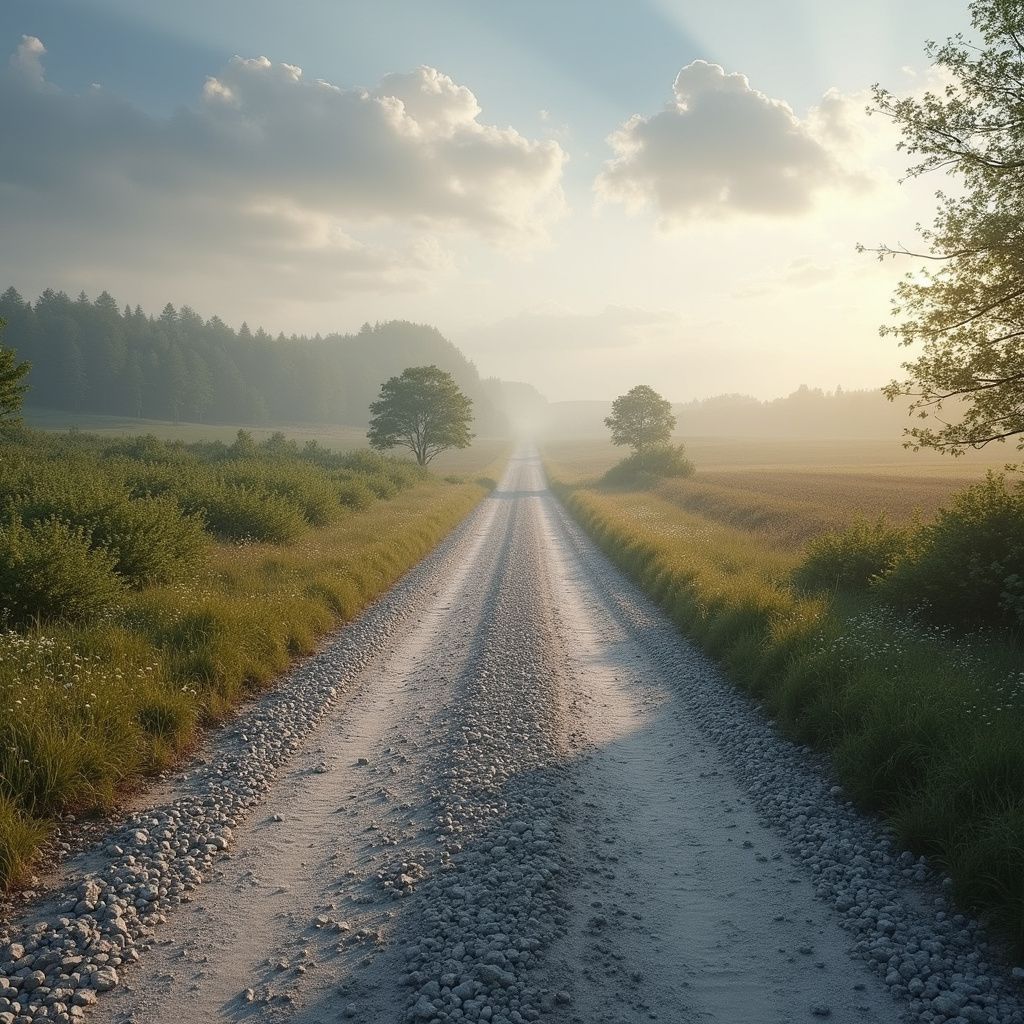 Strada sterrata attraverso campi e alberi, che conduce a un orizzonte nebbioso sotto un cielo nuvoloso.