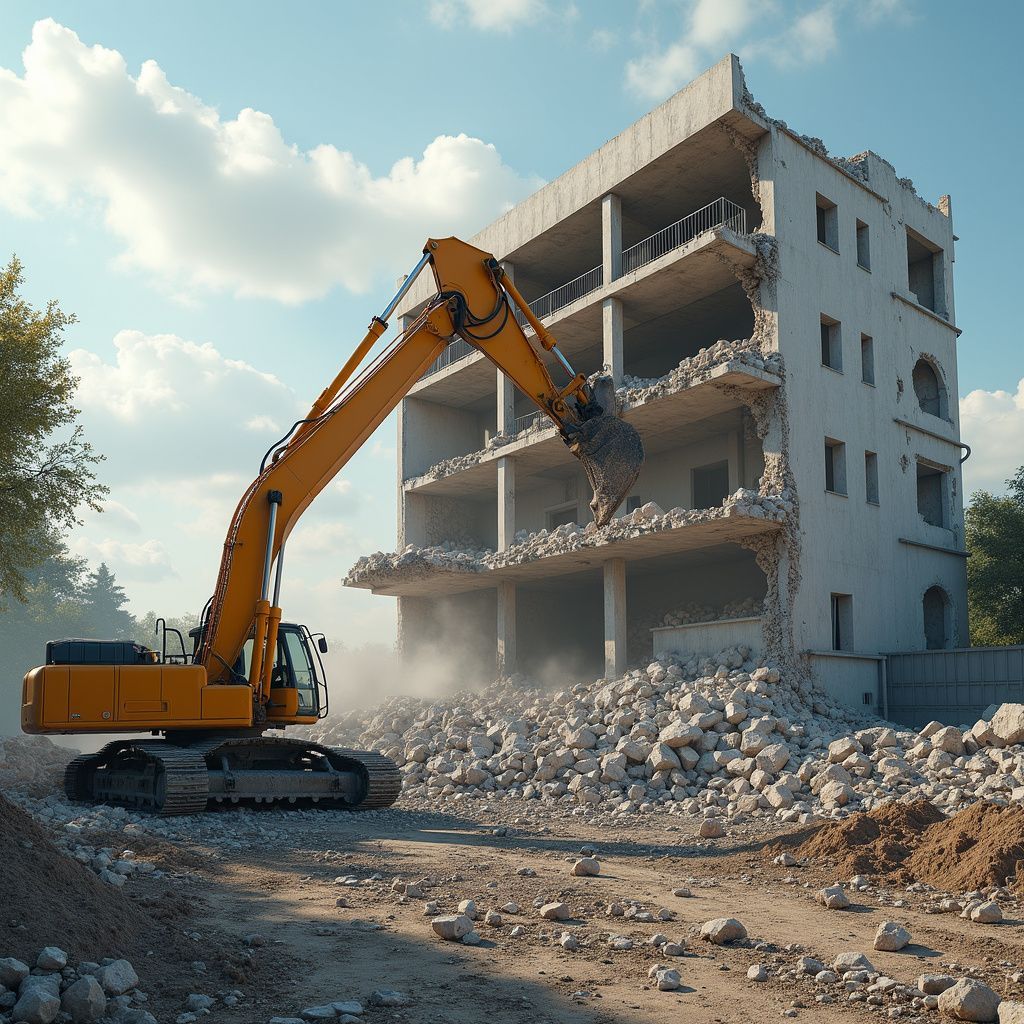 Escavatore giallo che demolisce un edificio a più piani, sollevando polvere, giornata di sole.