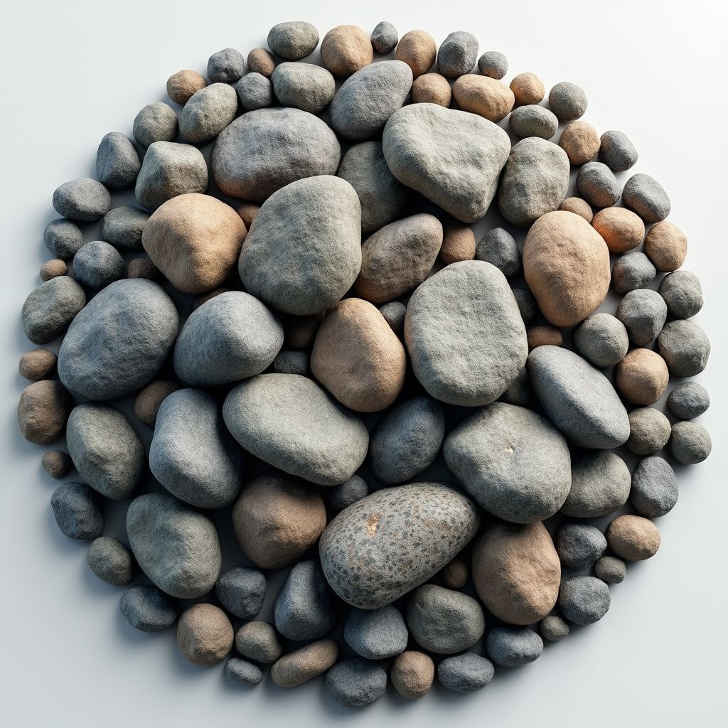 Mucchio di pietre di fiume lisce, grigie e beige, disposte in forma circolare su uno sfondo bianco.