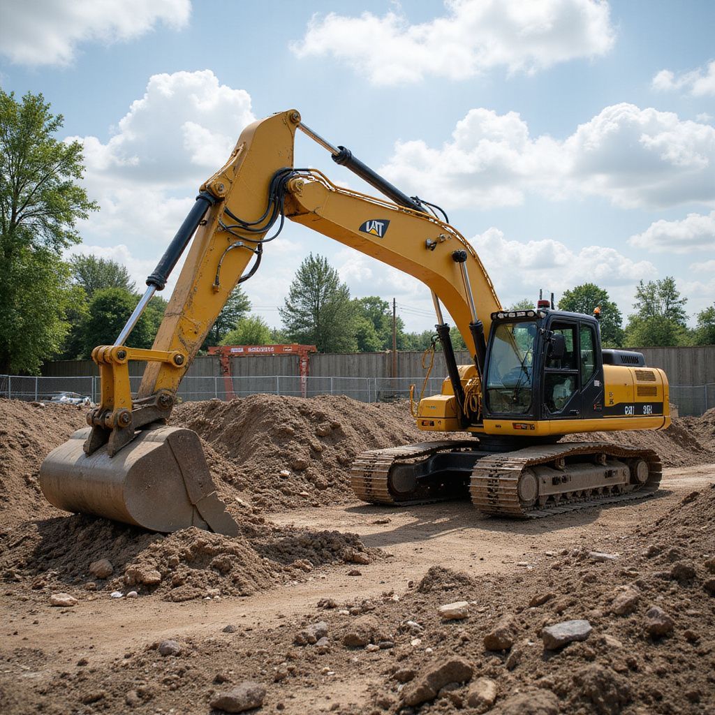 Un escavatore Caterpillar giallo in un cantiere edile, mentre scava in un mucchio di terra sotto un cielo nuvoloso.