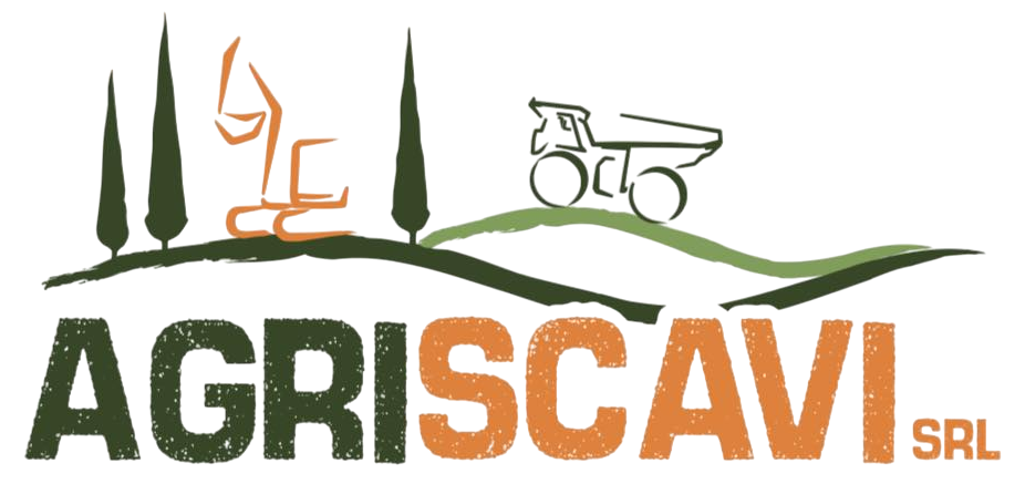 Logo per Agriscavi SRL, raffigurante un trattore, un paesaggio e testo in verde e arancione.