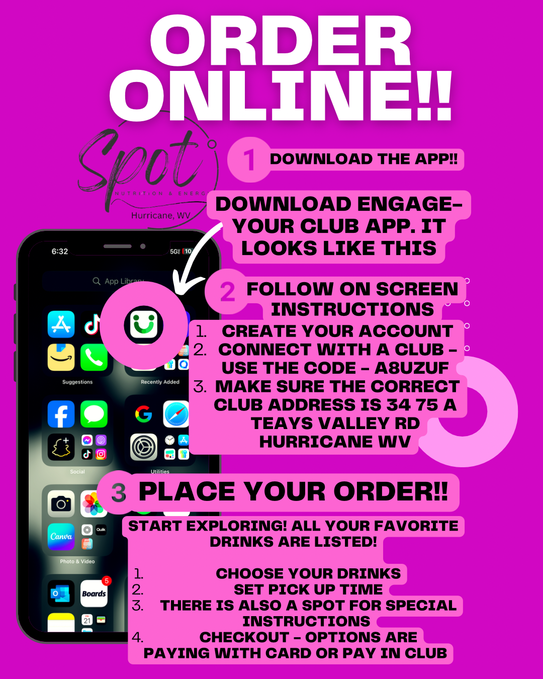 A purple poster with instructions on how to order online