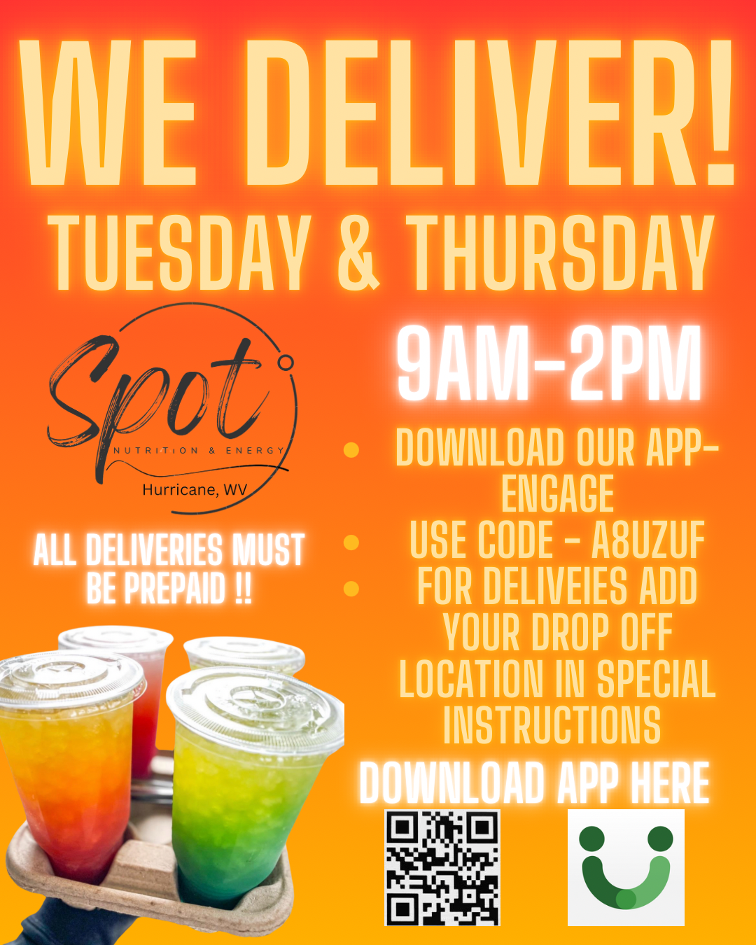 A sign that says we deliver tuesday and thursday