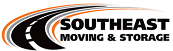 A logo for southeast moving and storage with a road in the background.